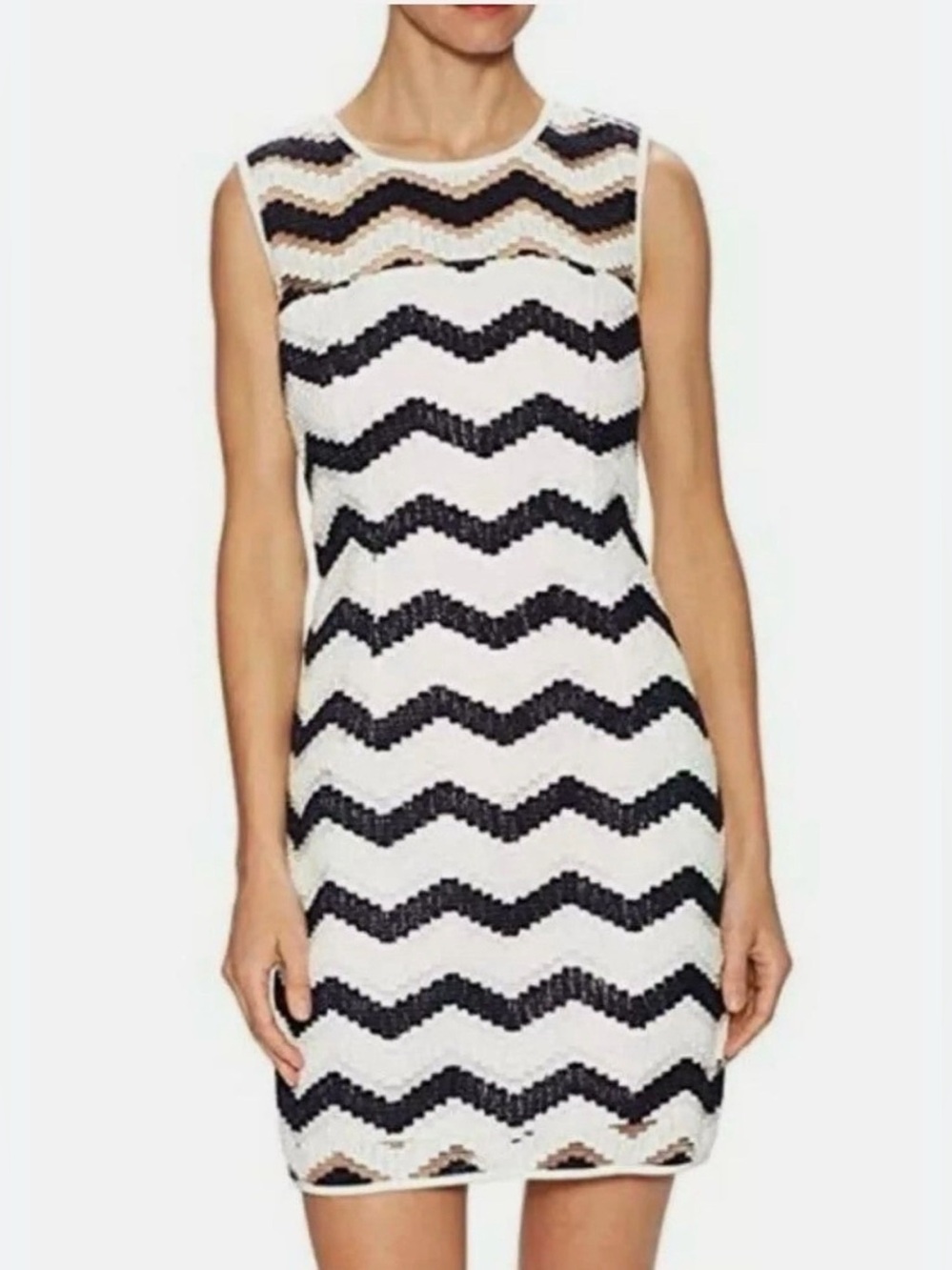Milly Womens Sheath Dress Chevron Sleeveless Crew Neck Cotton Black White